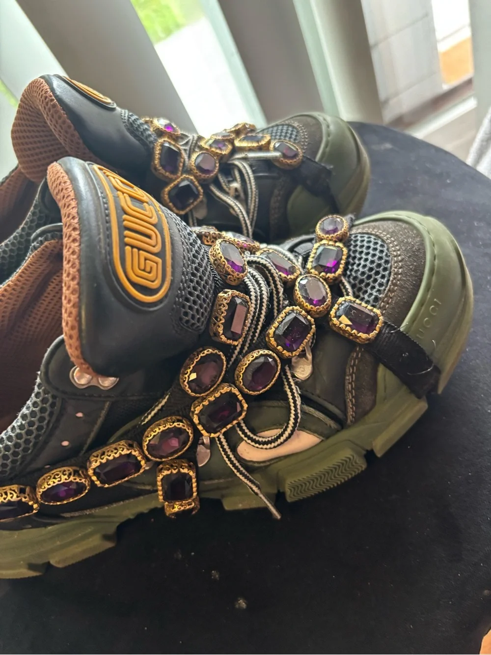 GUCCI men Green and Purple Embellished with crystal Sneaker